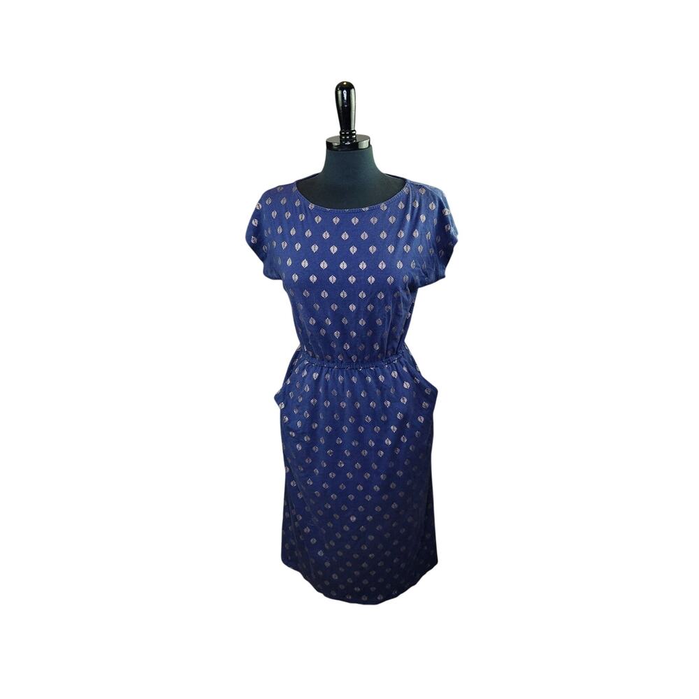 Boden Dress Casual Blue Gold Leaf Print Midi Pockets Elastic Waist 6P